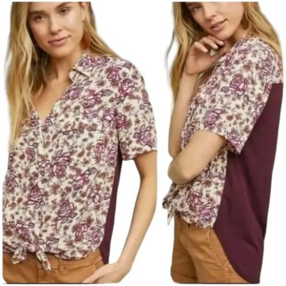 Anthropologie Porridge Floral Color Block Tie Front Boho Cottagecore Plum Size S